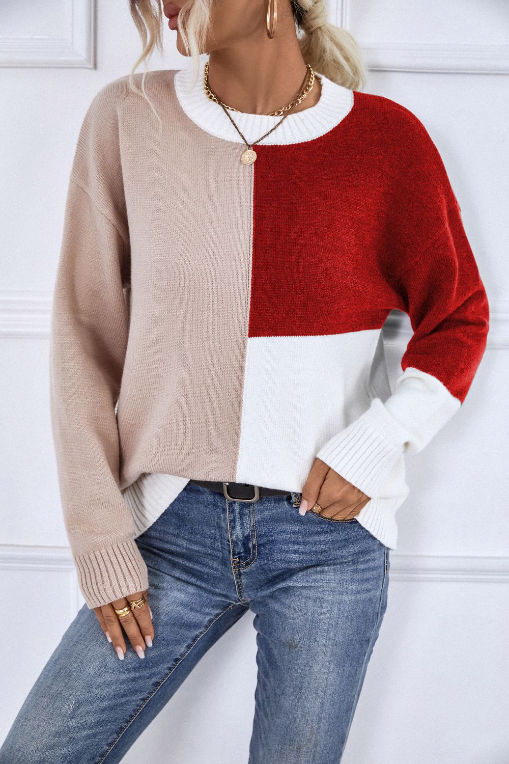 Contrast Ribbed Trim Round Neck Sweater