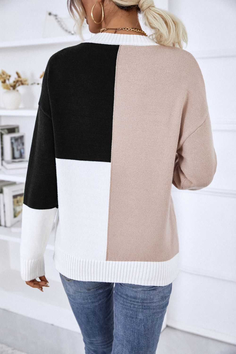 Contrast Ribbed Trim Round Neck Sweater