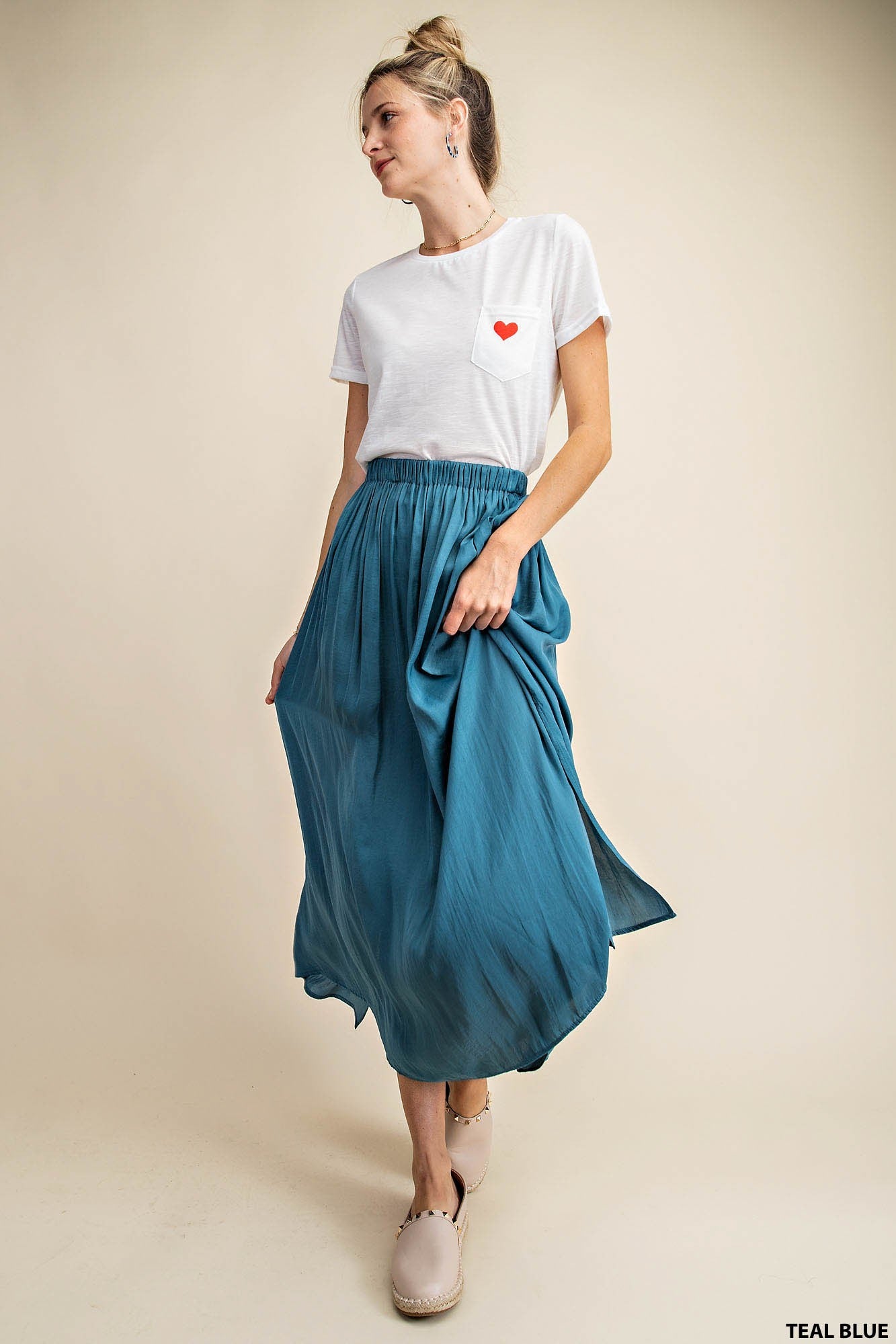 Deep Side Slit A-line Skirt WITH Side Pockets and Elastic Waist