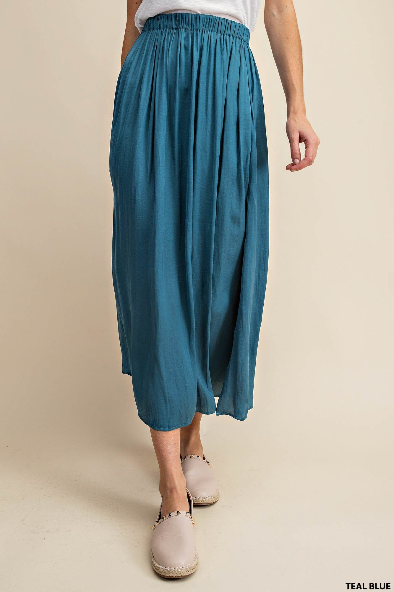 Deep Side Slit A-line Skirt WITH Side Pockets and Elastic Waist