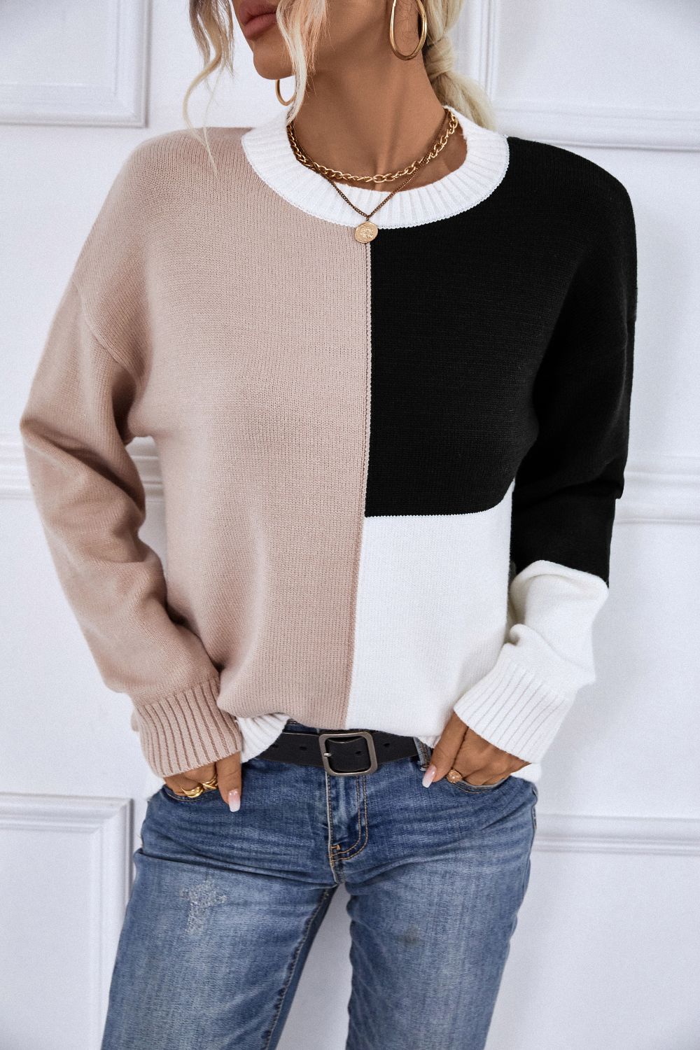 Contrast Ribbed Trim Round Neck Sweater