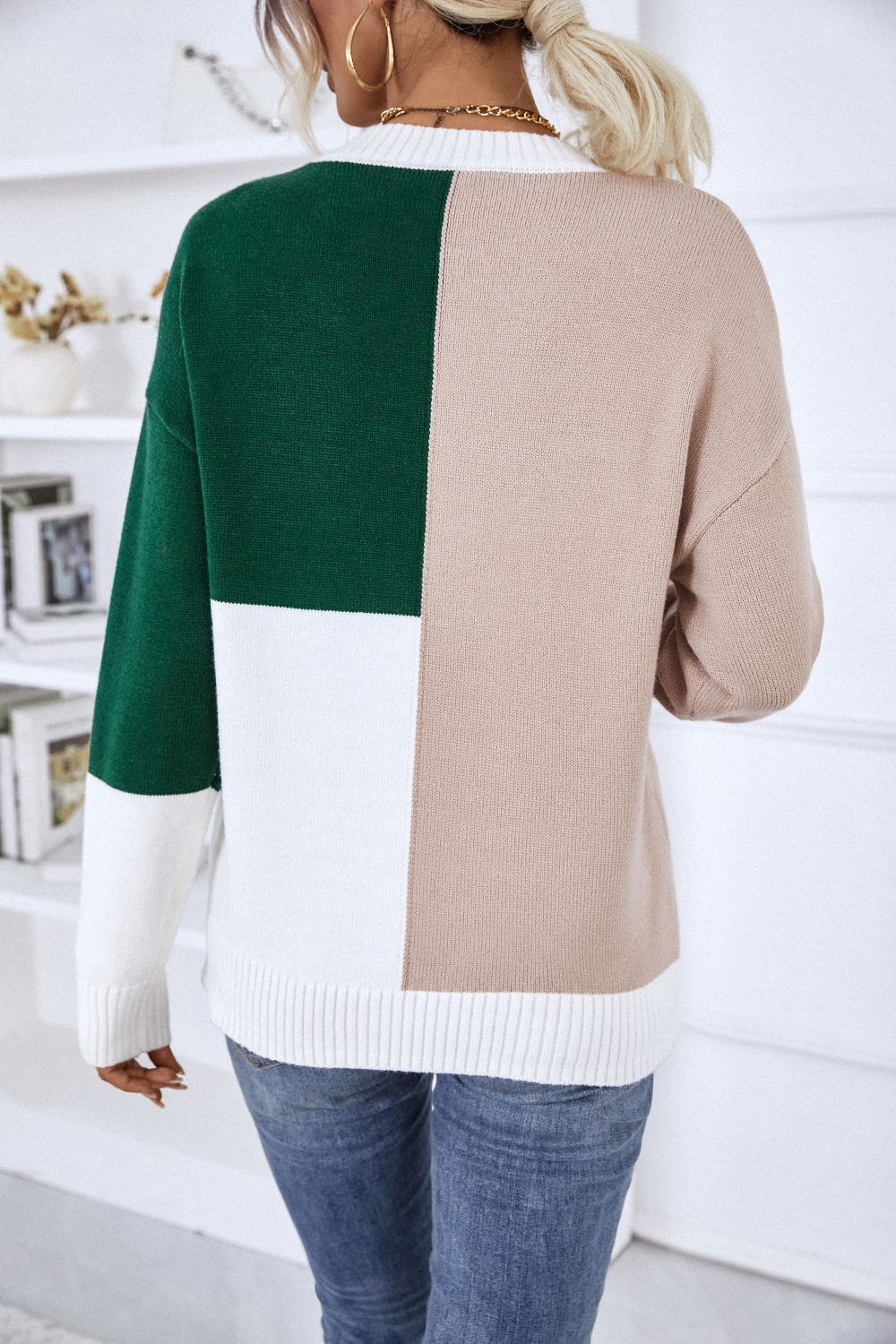 Contrast Ribbed Trim Round Neck Sweater