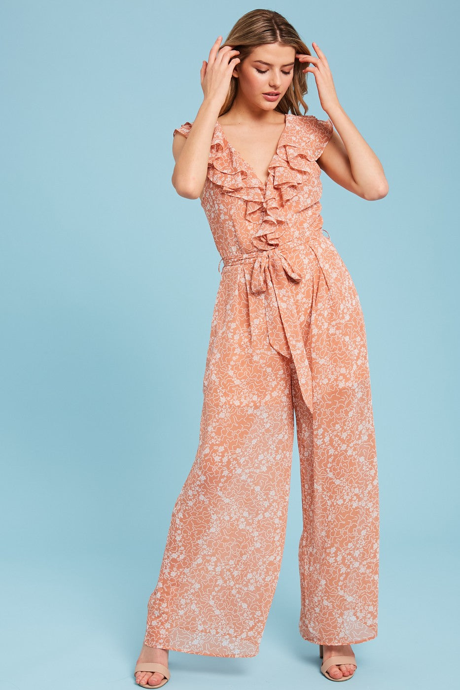 Floral Printed Chiffon Ruffle Jump Suit