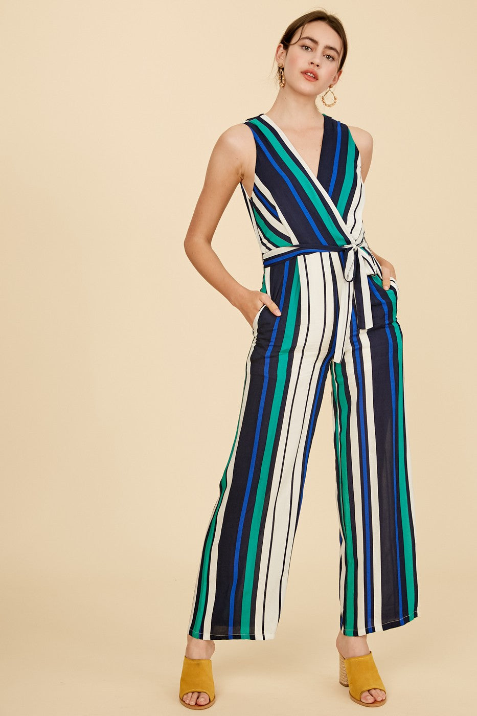 Multi Stripe V-neck wrap Jumpsuit