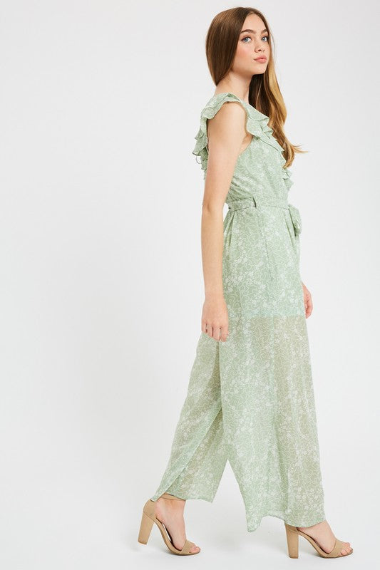 Floral Printed Chiffon Ruffle Jump Suit