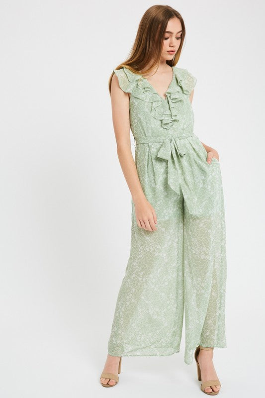 Floral Printed Chiffon Ruffle Jump Suit