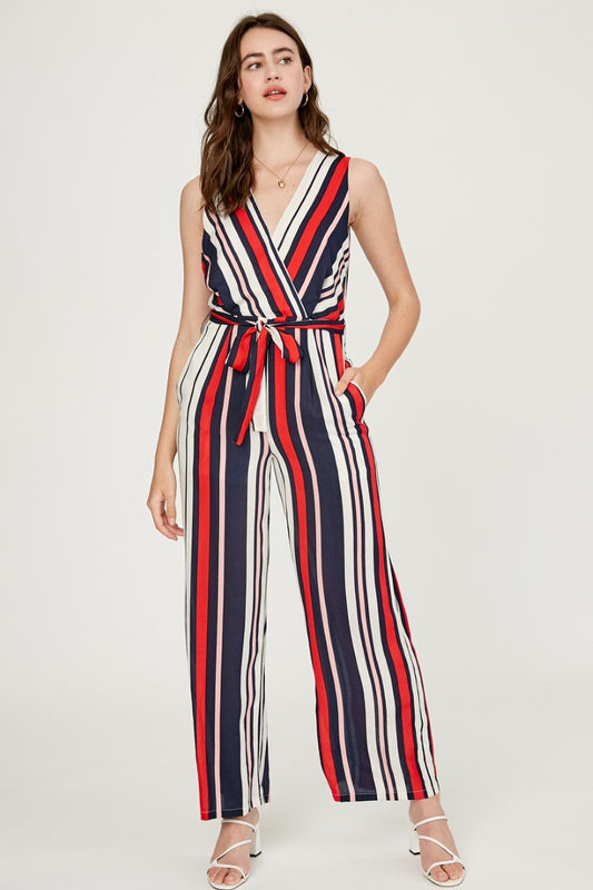 Multi Stripe V-neck wrap Jumpsuit